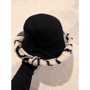 Vintage Black Wool Cloche Hat Zebra Print Faux‎ Fur Brim Made in USA Woolmark